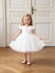 Baby Girls Mesh Back Bow Tutu Elegant Princess Flower Girl Dress, Suitable For Parties, Headband Not Included - White - View 6