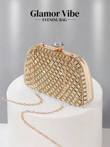 Pochette de soirée glamour ornée de cristaux dorés, sac à main rigide avec décoration métallique vintage, avec chaîne et poignée amovibles, sac à main cadeau de luxe brillant, convient pour le mariage, la mariée, le bal de promo, les fêtes, les occasions formelles et les soirées d'été à la plage - Doré - Voir 5