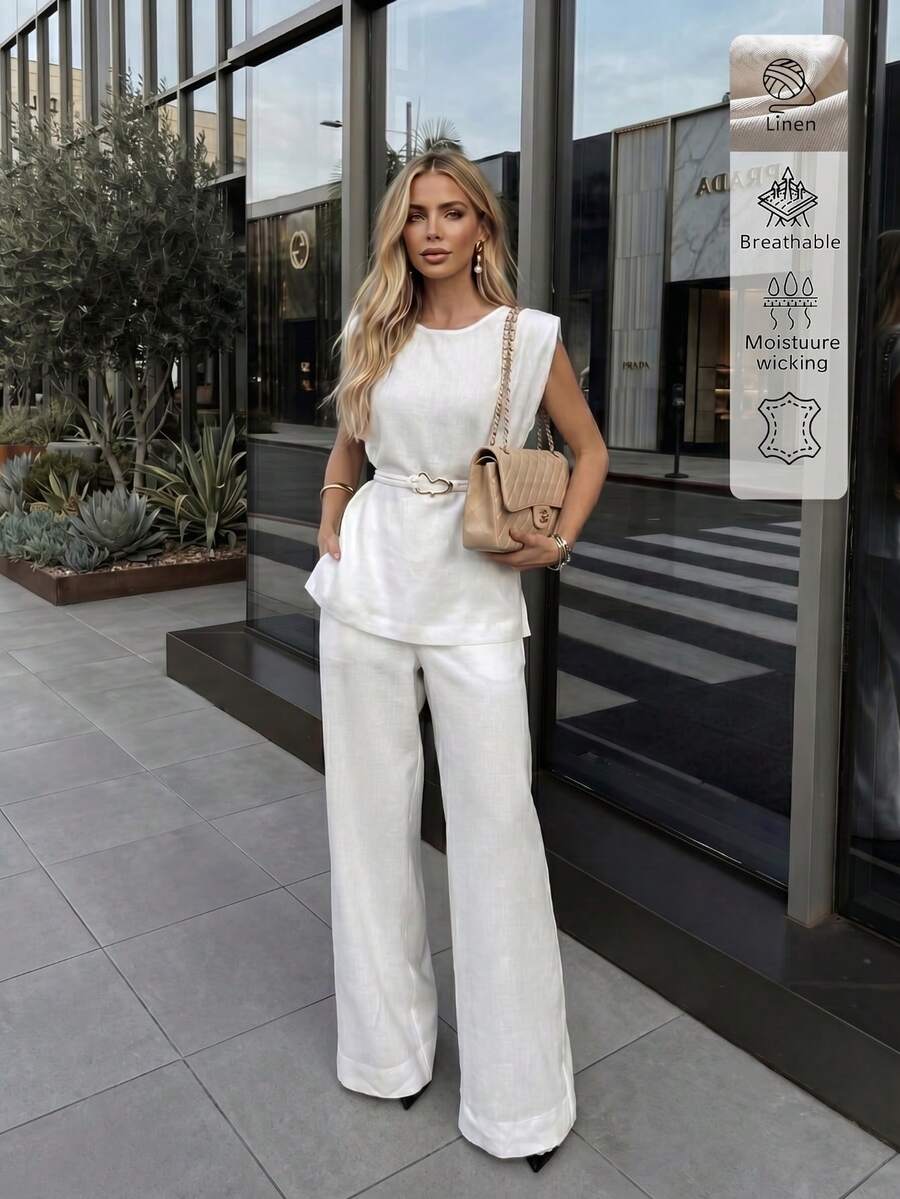 Ensemble 2 pièces en lin décontracté élégant minimaliste pour le quotidien et les trajets, avec ceinture, top sans manches minimaliste, style Old Money, tenue de travail pour femmes, blanc, été - Blanc - Voir 1