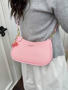 This Fashionable Women's Shoulder/Underarm Bag Is Made Of PU Leather, Decorated With A Delicate Cherry Pendant, And Features A Metal Chain Shoulder Strap. Suitable For Various Occasions, Including Outings, Travel, Shopping, Commuting, Gifting, And Parties. - Pink - View 4