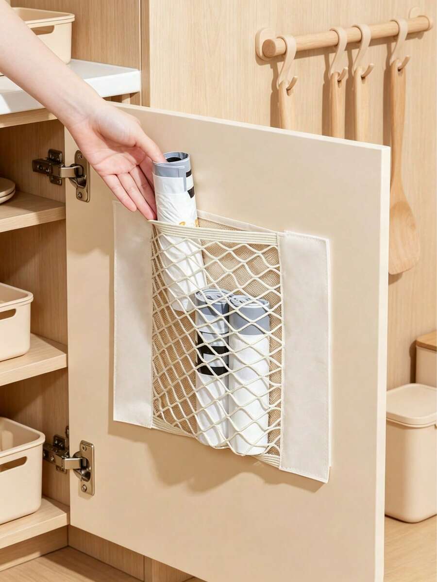 1pc Adhesive Storage Bag, Trash Bag, Plastic Mesh Bag, Large Capacity Wall-Mounted Storage Bag, Adhesive Cabinet Interior Mesh Bag, Hook And Loop Car Trunk Mesh Bag, Suitable For Reusable Bags, Kitchen Trash Bag Storage And Organization, Room Decor, Storage, Home Decor, Kitchen Essentials, Home, Room - Multicolor - View 1
