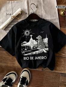 1 Piece Casual Fashion For Men And Women 100% Women's January Rio T-Shirt, Brazil, With Outstanding Features Dog Lover Print, Casual Holiday Short Sleeve Top, Women's Easter Clothing Set - 黑色 - 查看 1