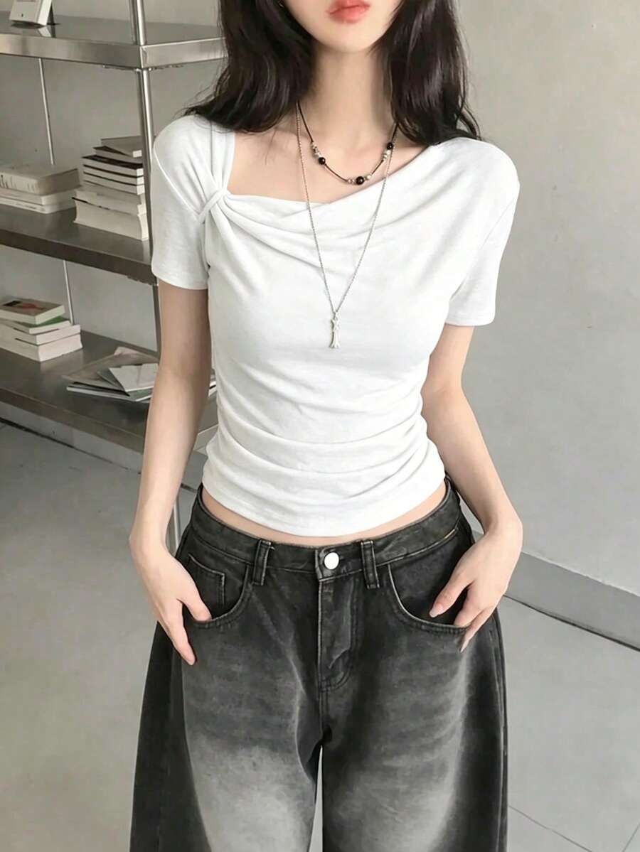 夏季韓式風格垂領扭轉百褶設計短袖T恤上衣休閒白色 - 白色 - 查看 1
