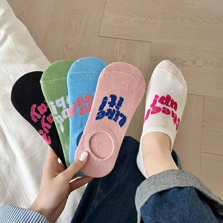 5雙字母圖案女款船襪,夏季透氣薄款彩色低筒隱形短襪 - 彩色 - 查看 1