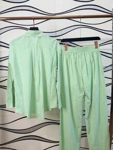 Linen Shirt And Pants Set (2 Pieces), Lined With Elastic. - 綠色 - 查看 4