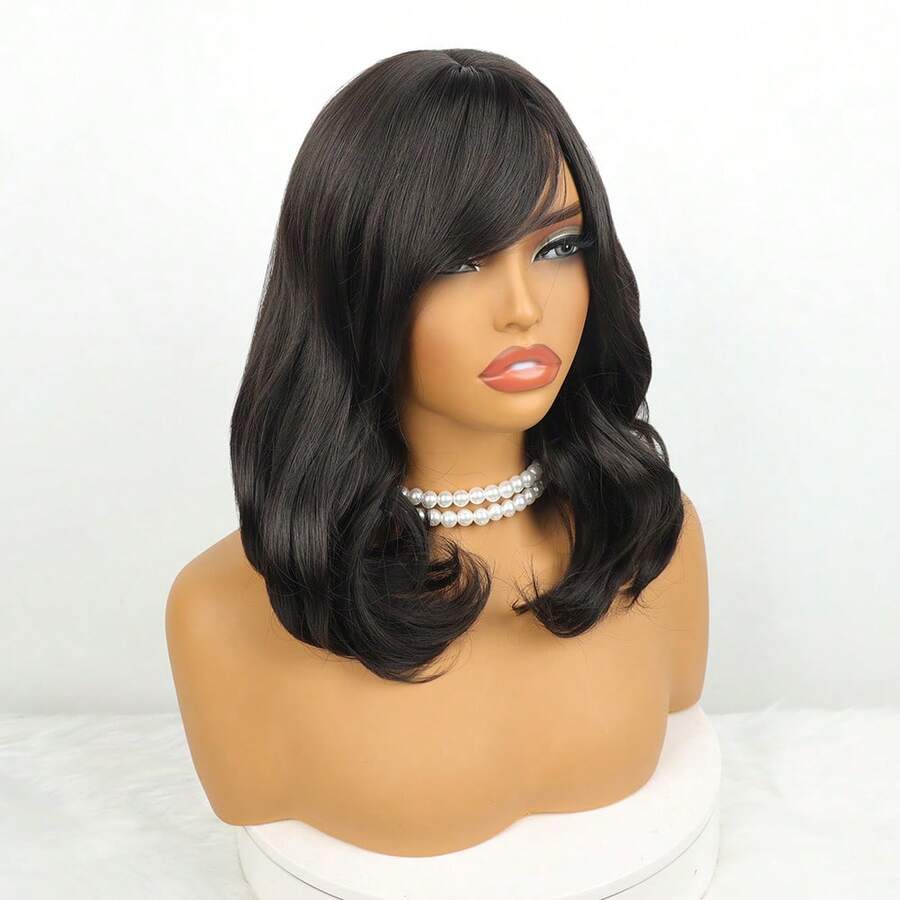 Medium Length Straight Wavy Wig With Bangs, Bio Organic, Identical To Human Hair Premium RONISE +WIGCAP 4/ Medium Brown - 4# - 查看 1