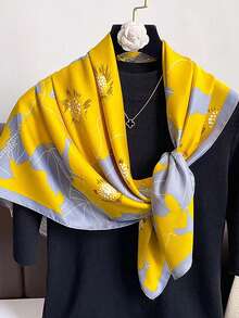 1pc Fashion Floral Polyester Square Scarf With Floral Print, Casual Bohemian Style - Yellow - View 3