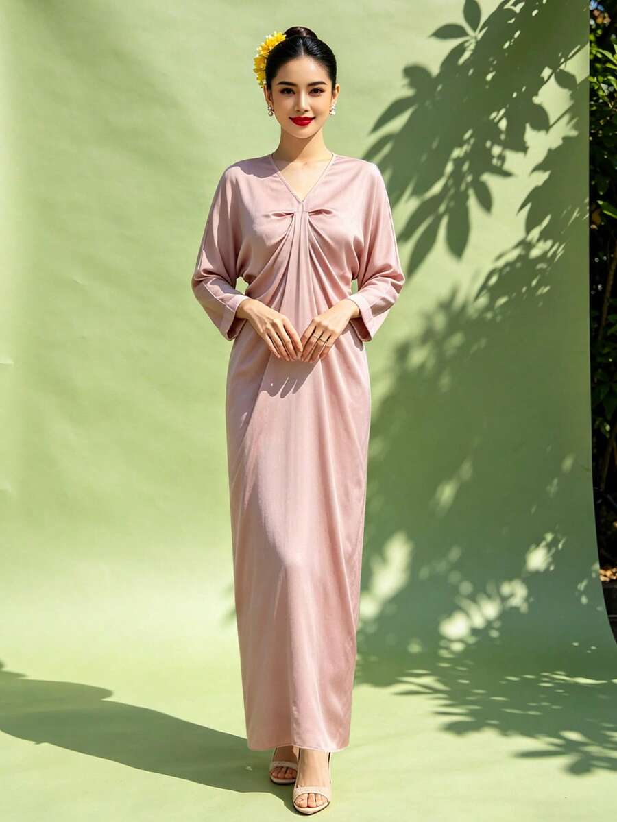 1pc Elegant Solid Color Long Sleeve Muslim Abaya For Women, Summer - Mauve Purple - View 1