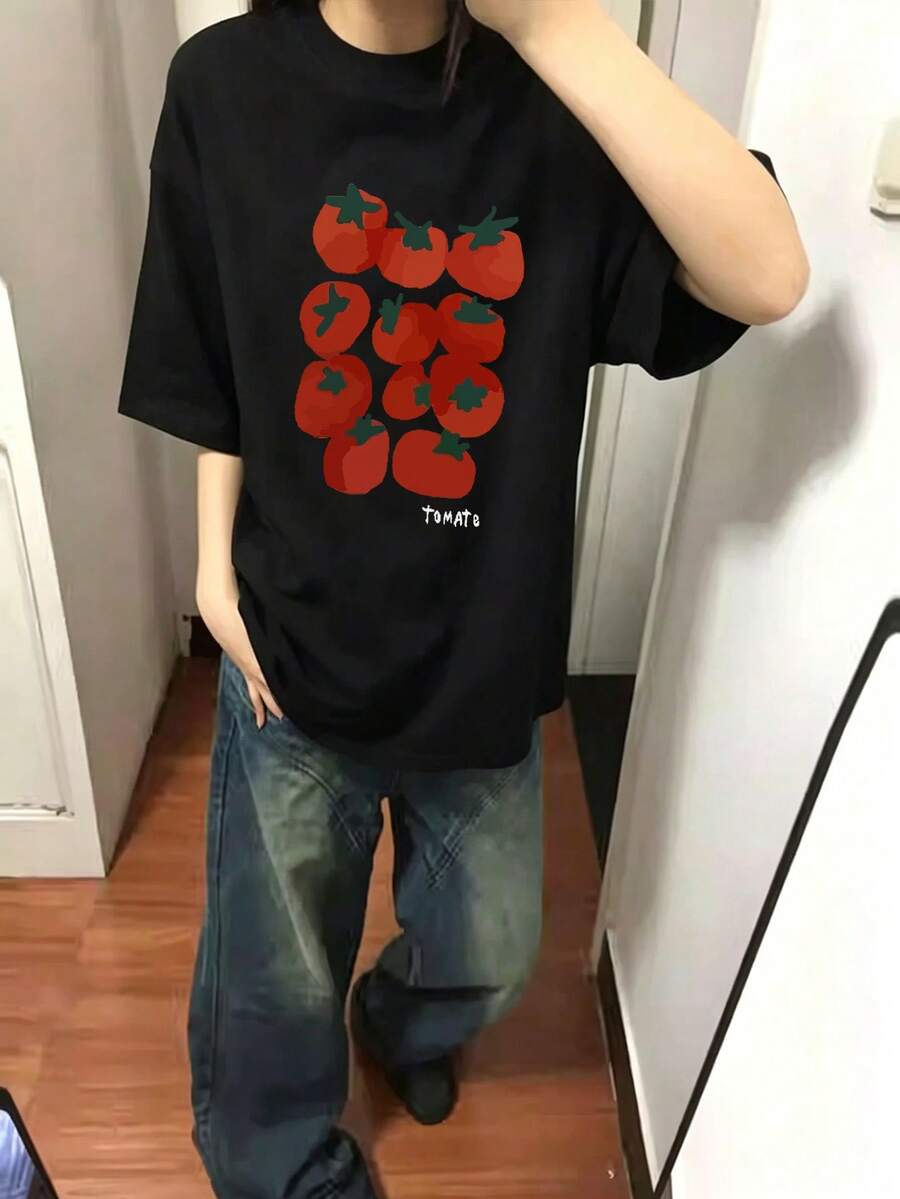 Japanese Style Women's Loose Casual Crew Neck Cartoon Tomato & Fruit Print Short Sleeve T-Shirt, Versatile For Spring/Summer - Advanced Black - View 1