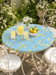 1pc-Sky Blue Lemon Branch Fitted Elastic Tablecloth, Stretch Waterproof Fabric Cover For Backyard Barbecues, Garden Parties & Daily Home Dining, Stain-Resistant, Easy To Wipe And Reusable For All Seasonal Outdoor Gatherings. - Multicolor - View 5