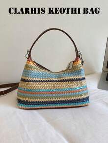 Fashionable Colorful Striped Women's Handbag, Woven Design, Decorated With Flowers And Beads, Suitable For Office Workers, Young Women, Students, Teachers, Can Be Used For Commuting, Shopping, Dating, Vacation, Daily Outings And Weekend Short Trips. - Multicolor - View 4