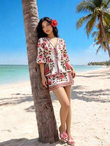 Elegant Women's Summer Bohemian Style Printed 2-Piece Set, Including V-Neck Tie-Waist Top And Wrap Mini Skirt, Suitable For Vacation, Beach Outing And Daily Wear - Multicolor - View 6