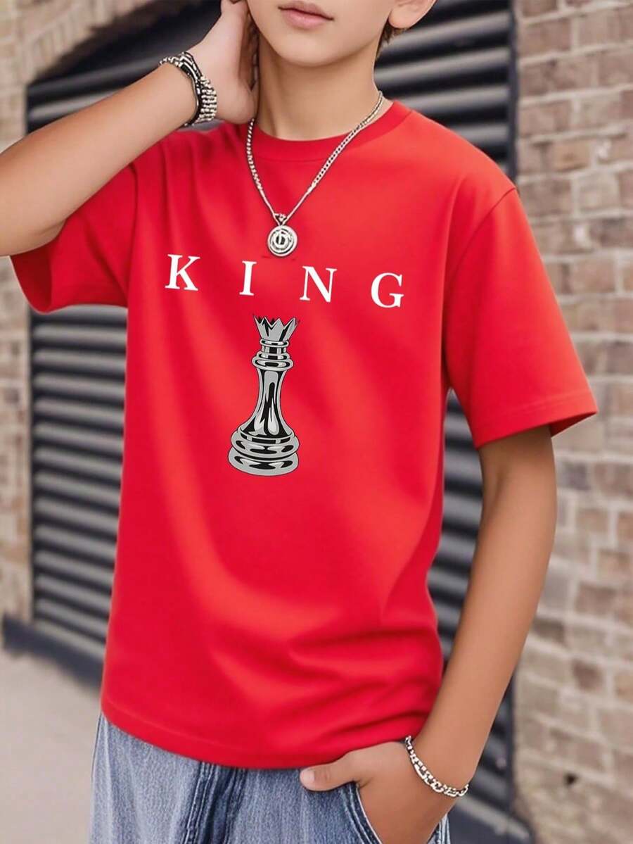 Short-Sleeved T-Shirt With Round Neck And Casual Graphic Print For Children And Teenagers, Summer Top - 紅色 - 查看 1