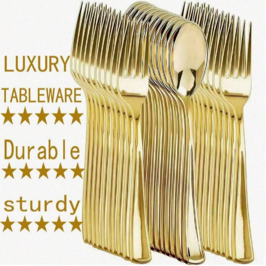 100/50/25/10pcs Gold Cutlery Set, Including Cake/Salad Forks, Spoons, Reusable And Washable Tableware, Suitable For Home Kitchen, Kitchen Accessories, Tableware Set, Restaurant, Wedding, Outdoor, Birthday, Party, Holiday Gathering, Back To School Party - Gold - View 1