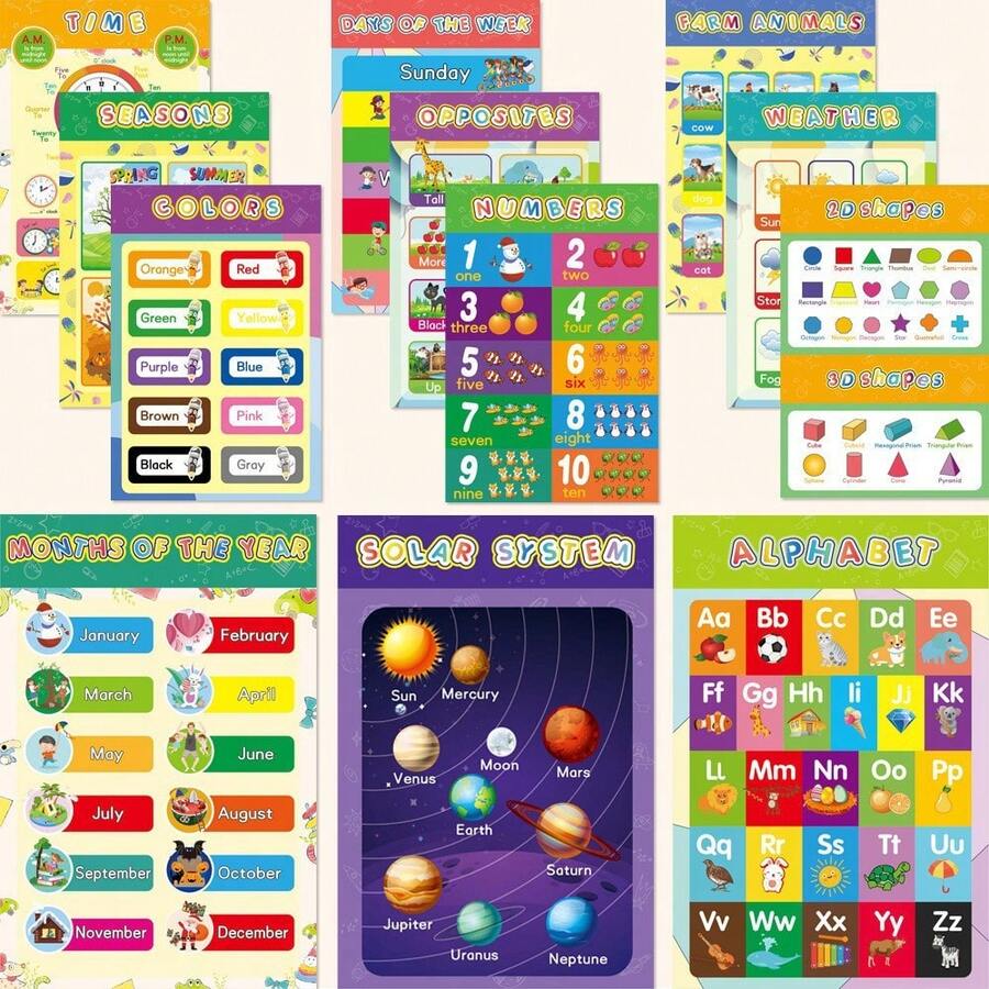 12件/16件/套 ABC字母 & 數字 1~16 海報套裝，兒童教育圖表學習玩具，學習字母居家學校海報，牆面學習海報，幼兒園裝飾，返校季禮物