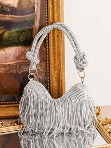 Shiny Tassel Evening Bag With Rhinestone Decor, Elegant Fashion Handbag For Formal Dresses, Party, Gathering And Events - Silver - View 3