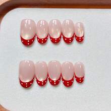 10PCS Handmade Press On Nails, Short Round Fake Nail Tips, Nude Pink Shimmer Cat Eye Base With Red Polka Dot French Tips, Vintage Sweet Style Reusable Nail Stickers, Salon Grade, Beginner Friendly For Daily Dates Party Holiday Wear - Multicolor - View 14