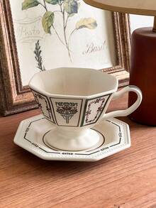 1 Set Vintage Victorian Style Octagonal Floral Ceramic Coffee Cup With Matching Saucer, Suitable For Home Daily Breakfast, Holiday And Birthday Gift - Multicolor - View 14