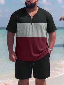 Men Plus Size Top, Summer Short Sleeve Zipper T-Shirt, Color Block Design Casual - Multicolor - View 4