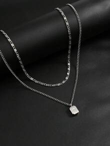 2pcs Minimalist Double Layer Stackable Chain Necklace, Textured Figaro Chain Paired With Fine Cuban Chain, Embellished With Small Star Square Dog Tag Pendant, Casual Men's Neck Accessory - Silver - View 4