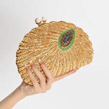 Bolso de Mano Tipo Clutch para Mujer en Forma de Concha, Bolsos de Lentejuelas, Diseño de Lujo Retro con Bordado, Bolso de Noche para Fiesta - Rojo - Ver 6