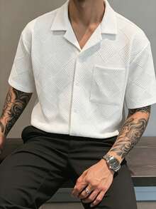 Men's Summer Fashion Classic Jacquard Loose Fit Short Sleeve Shirt, Suitable For Business Commute And Casual Wear - White - View 2