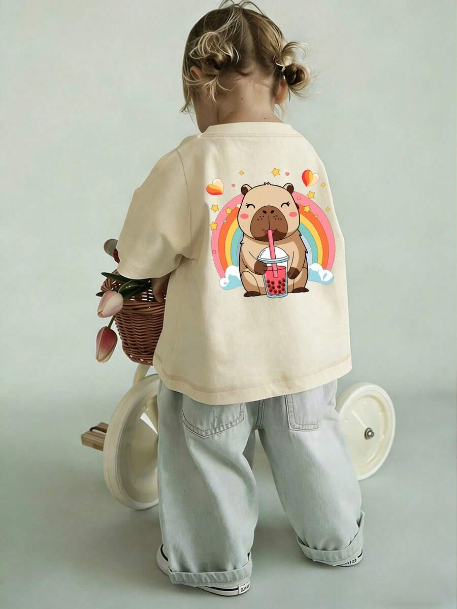 Maglietta a maniche corte in cotone morbido per bambine, stampa carina di capibara, boba milk tea e arcobaleno sul retro, casual per gioco e uso quotidiano, adatta per neonate - Albicocca - Visualizzare 1