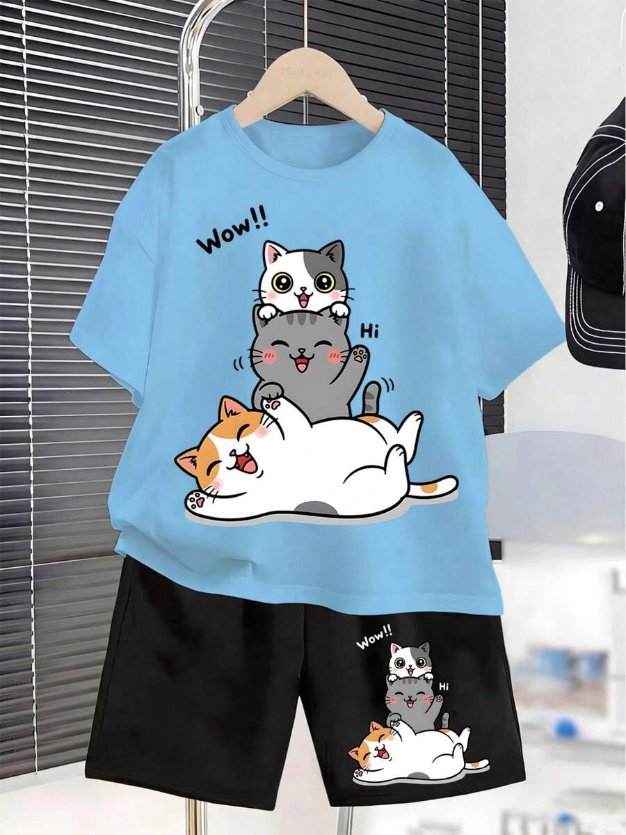 Conjunto de manga corta, nuevo verano, dibujos animados de gato ¡Wow!! Hola. Camiseta con estampado lindo, pantalones cortos, conjunto de dos piezas, para exteriores - Gris - Ver 1