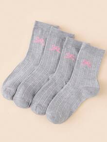 4 Pairs Women's Mid-Calf Socks, Bowknot Vertical Stripes, Breathable, Casual, Lightweight, Elastic, Daily All-Season Style - Grey - View 6
