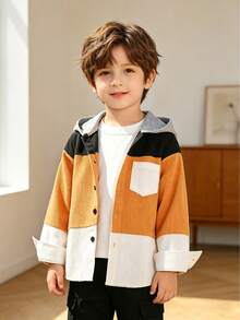 Young Boy Spring/Autumn Colorblock Corduroy Hooded Jacket, Casual Outerwear With Patch Pockets And Single-Breasted Button Closure - Multicolor - View 8