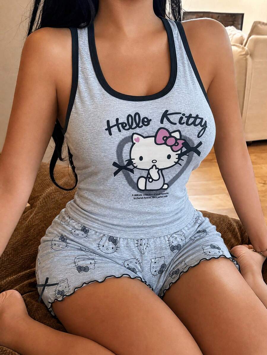 SANRIO Hello Kitty卡通印花吊带背心和短裤睡衣套装，女童休闲家居服，2件套 - 灰色 - 查看 1