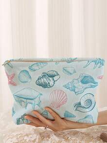 1pc Portable Cosmetic Storage Bag Ocean Series Shell & Starfish Pattern Double-Sided Printed Travel Zipper Makeup Pouch Multifunctional Toiletry Organizer - Multicolor - View 4