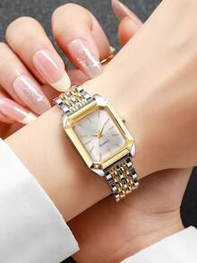 Women's Exquisite Fashion Square Gold-Tone Scale Dial Wristwatch, Versatile Business Commute Quartz Watch For Ladies, Birthday Gift For Girlfriend (2pcs/Set) Watch Box Not Included - Multicolor - View 2