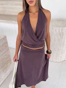 Women Cowl Neck Halter Tops Draped Front Low Cut Backless Tank Top Ruched Open Back Going Out Tops - Coffee Purple - View 3