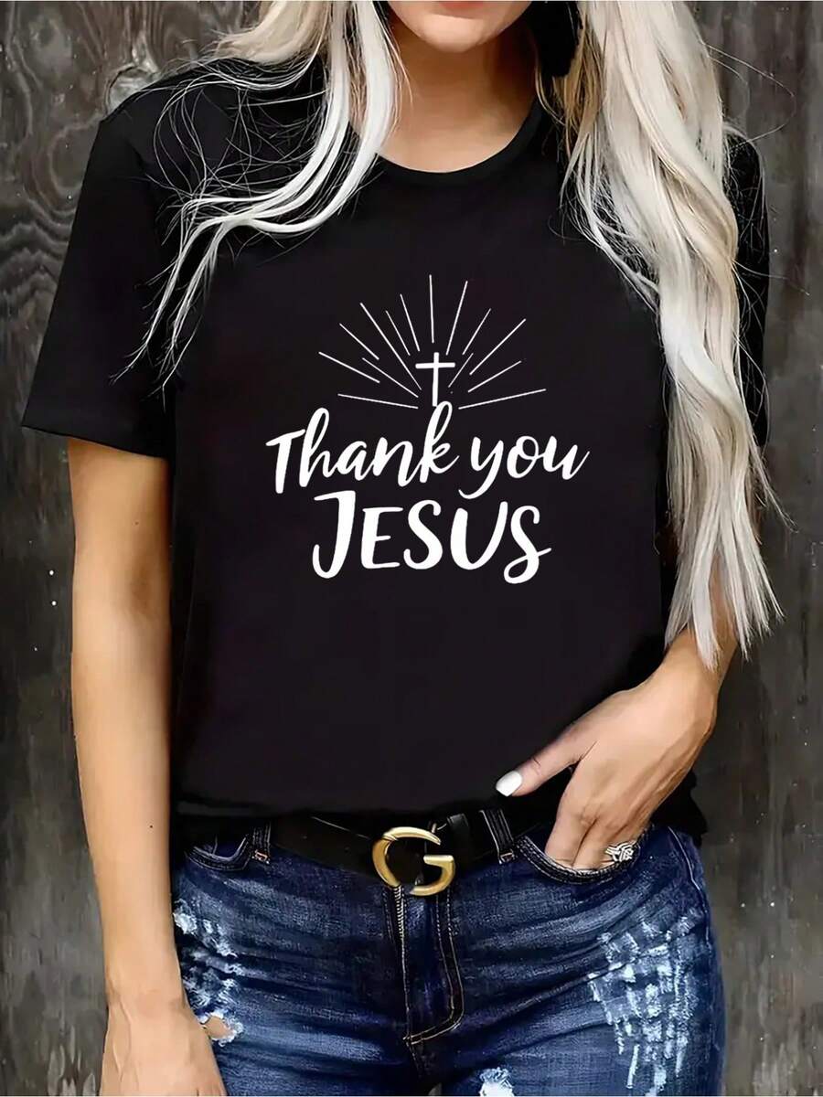 2026 Men's T-Shirts: Stylish T-Shirt With "Thank You, Jesus" Print And Radiant Cross - Religious Clothing Suitable For Church, Daily Wear, Short Sleeve Crew Neck T-Shirt - 黑色 - 查看 1