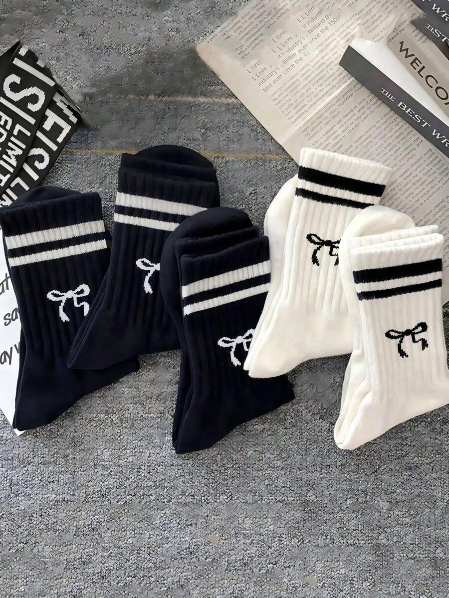 6/8/10/20 Pairs Neutral Classic Bow Pattern Breathable Moisture-Wicking Mid-Calf Socks, Soft Casual Sports Socks, Suitable For Daily Wear - Multicolor - View 1