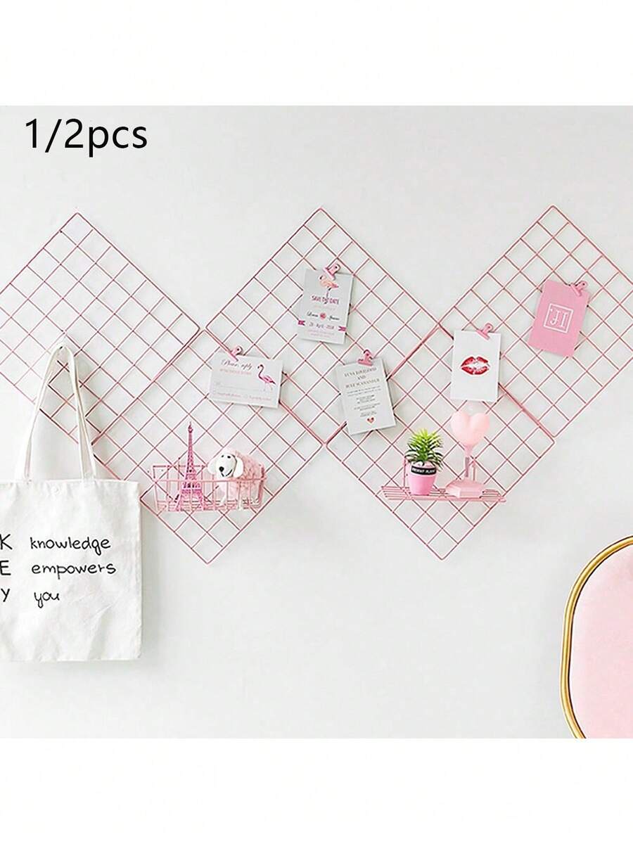 1pc/2pcs - Wall Grid, Metal Mesh Photo Wall, Wall Shelf, Suitable For Room, Dorm And Office Display Board, Home Decor, Room Decor, Wall Decor Gift, Birthday Graduation Gift - Pink - View 1