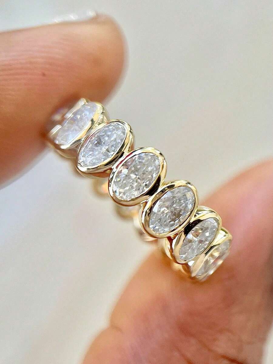 1件奢華橢圓形鋯石戒圈，女款百搭疊戴戒指，小眾設計，高保色14K鍍金食指環