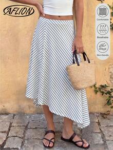 Aflion Women's Elegant Gray & White Striped Asymmetric Midi Skirt - High Waist Flowy Hem Fitted Dress, Lightweight Stretchy Fabric Suitable For Summer, Office, Party - Multicolor - View 1