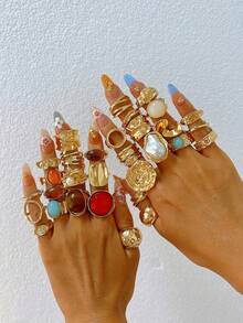 Vintage Fashion Elegant Retro Dopamine Colorful Random Assortment/31/9/7pcs Metal Multi- Bling Bling Shiny Colorful Gemstone Heart Flower Hexagram Open Adjustable Ring Set, Multiple Pieces Stackable Geometric Asymmetric Exaggerated Wide Face Y2K Cute High-End Jewelry, Suitable For Women's Summer Beach Vacation Party Evening Date Gift Daily Outfit (Random Style) - Multicolor - View 3