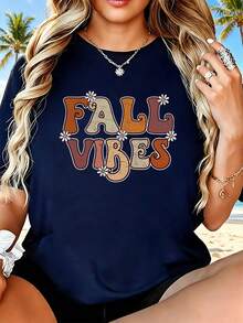 Women's T-Shirt, Autumn Vibes, Everyday Summer Wear - Navy Blue - View 1