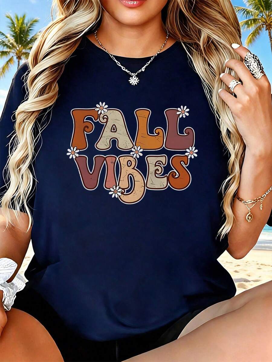 Women's T-Shirt, Autumn Vibes, Everyday Summer Wear - Navy Blue - View 1