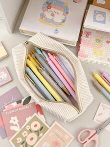 Personalized Name Corduroy Pencil Case, Custom Name Stripe Makeup Bag, Large Capacity Zipper Pen Pouch For Student School Supplies, Customized Birthday Gift For Girls - Multicolor - View 2