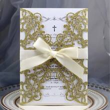 Gold Glitter Hollow Rose Design Wedding Artificial Flowers, Includes Envelope And RSVP Card, Pre-Tied Ribbon, Perfect Gift For Weddings, Bridal Showers, Engagement Parties, Anniversaries - A - View 12