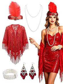 5 piezas Accesorios de disfraz Forever & Moment de los años 1920 para mujer, diadema de flapper, aretes, collar, chal, pulsera para fiesta retro de los 20, boda, fiesta de cóctel - multicolor - Ver 9