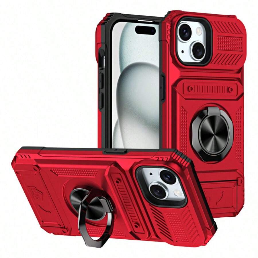 Funda para teléfono Apple de última generación con inserto oculto, soporte de anillo magnético para teléfonos móviles y fundas mecánicas. RED - Rojo - Ver 1