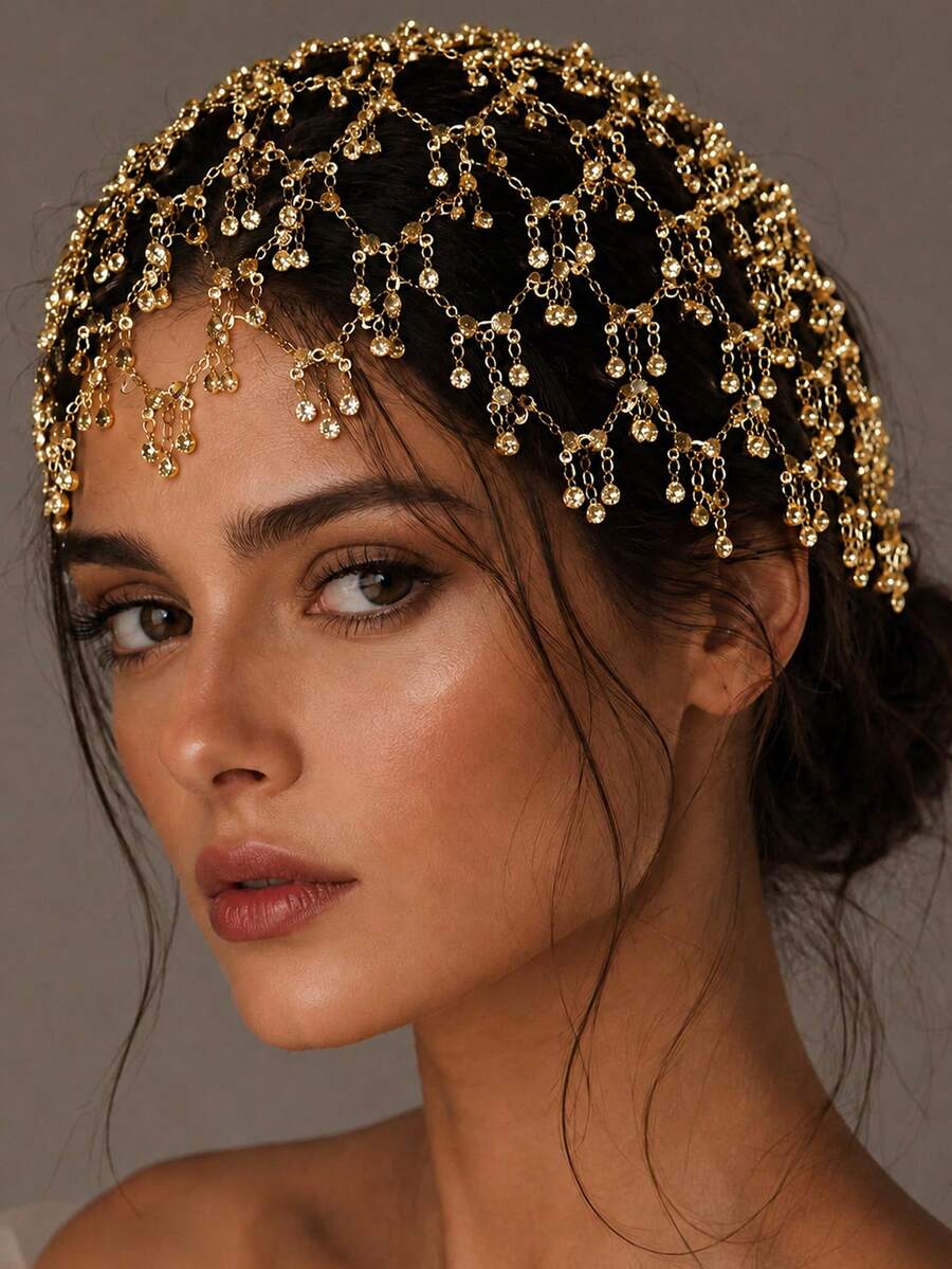 outingfit Women's Silver Rhinestone Tassel Hair Chain, Elegant Crystal Beaded Hair Accessory, Holiday Bridal Wedding Party Hair Ornament - Gold - View 1