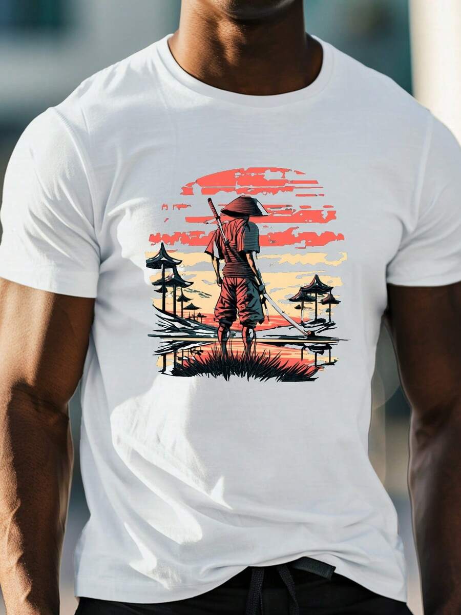 Men's T-Shirt With Samur Shadow Anime Warrior Print, Casual Short-Sleeved Top With Round Neck, 100% Pure Cotton, Slightly Stretchy, Regular Fit, See-Through T-Shirt - 白色 - 查看 1