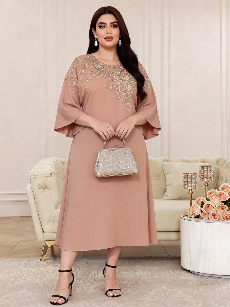 Heavy Embroidery Gold Arabic Women's Summer Mocha Brown Elegant Dress, JALABIA Ruffle Trim 3/4 Sleeve, Summer Casual Party Outfit