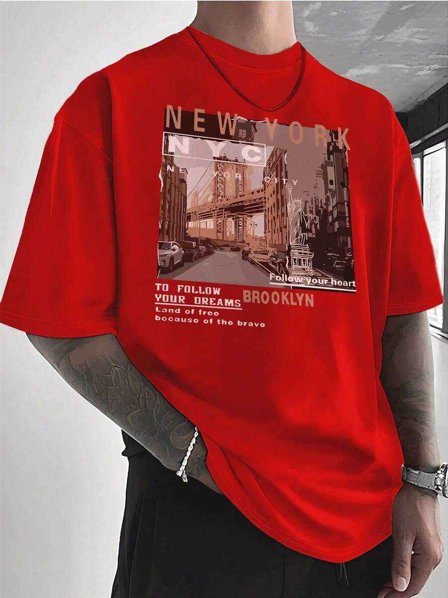 Men's Thick Cotton T-Shirt, Casual Urban Style, Brooklyn, New York View, High Quality Clothing, PAYEAH Brand - 紅色 - 查看 1